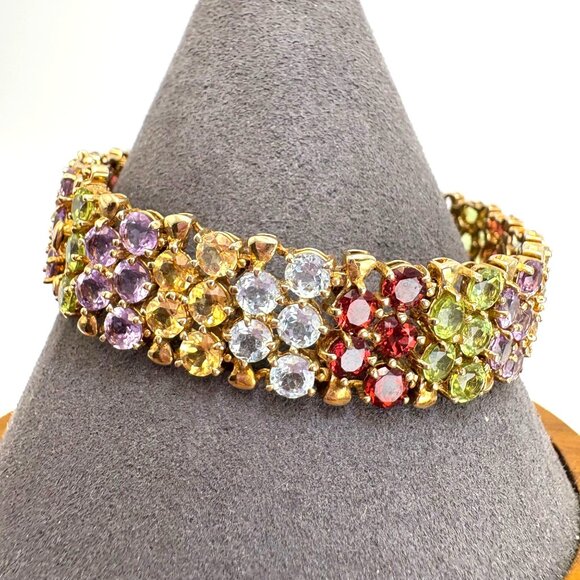 Gold Over Sterling Silver 925 Multi-Gemstone Tennis Bracelet Size 7.25" Length - Picture 1 of 9